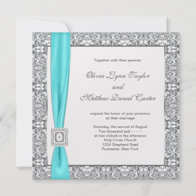 Tiffany Teal Blue Silver Lace Wedding Personalized Invites by WeddingCentral