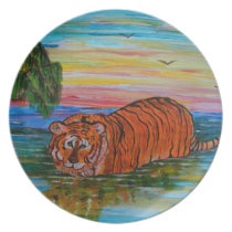 Tiger bathing at sunset dinner plates