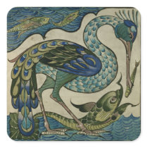 Tile design of heron and fish, by Walter Crane Square Stickers