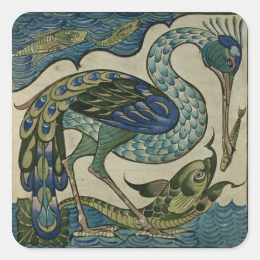 Tile design of heron and fish, by Walter Crane Square Stickers