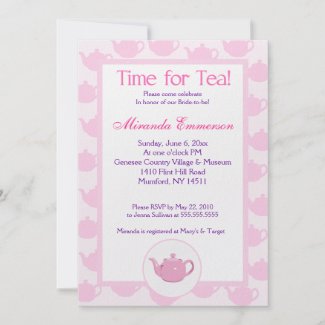 Time for Tea Teapot (Pink) Bridal Shower 5x7 Custom Invitations