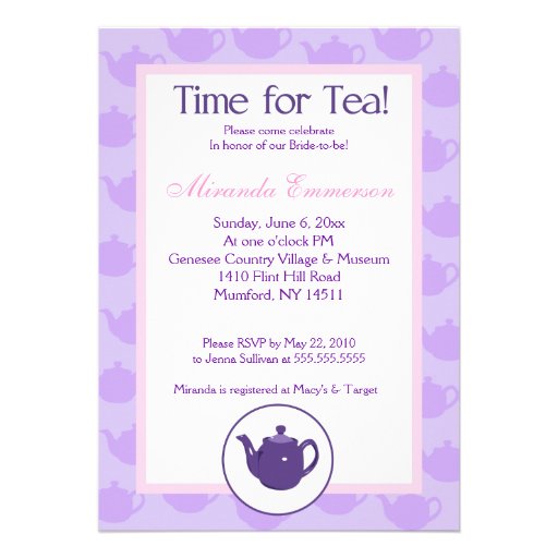 Time for Tea Teapot (Purple) Bridal Shower 5x7 Personalized Announcement