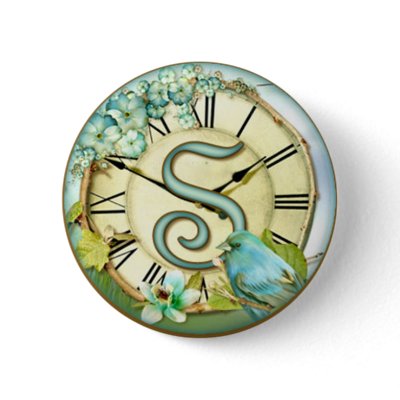 timeless bluebird whimsy initial letter S Pinback Button Zazzle_button