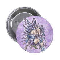 purple, timidity, lilac, lavendar, blue, flower, fairy, elf, fae, faeries, goth, gothic, wings, cute, anime, nature, nymph, pixie, sprite, fantasy, art, painting, zerick, delphine, levesque, demers, Button with custom graphic design