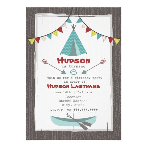 Tipi Birthday Party Invitation Red + Turquoise (front side)
