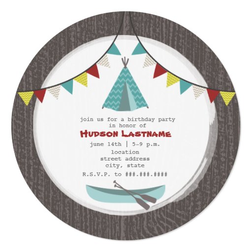 Tipi Birthday Party Round Invite Turquoise