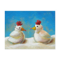 Titled:  Snow Birds - fun snow chicken art! postcards
