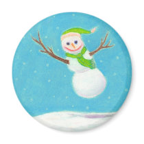 Titled:  Snow Flake - goofy leaping snowman ART magnets