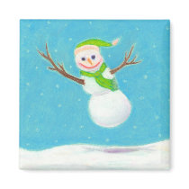 Titled:  Snow Flake - goofy leaping snowman ART magnets