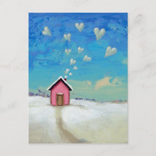 Titled: Staying Warm - Adorable cabin of love postcard