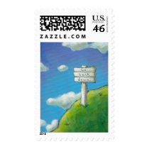 Titled:  Too High - sign says "Go back down." postage