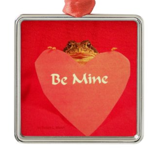 Toad frog holding a heart that says Be Mine ? ornament
