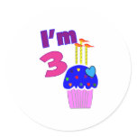 Toddler Birthday "I'm 3"---Adorable Cupcake Design Round Stickers