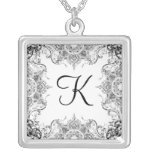 Toile Black n White Damask Swirl Wedding Monogram Necklaces