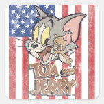 Tom & Jerry With US Flag Square Stickers
