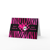 Too cute goth punk zebra heart fuschia black skull greeting card