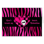 Too cute goth punk zebra heart fuschia black skull greeting card