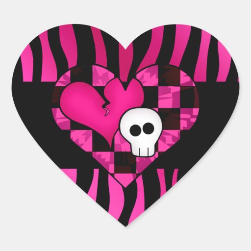 Too cute goth punk zebra heart fuschia black skull sticker