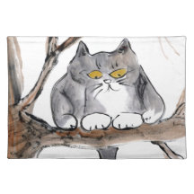 Too High - gray kitten in a tree, Sumi-e Place Mats