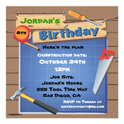 Tool Building Construction Birthday Party Invite