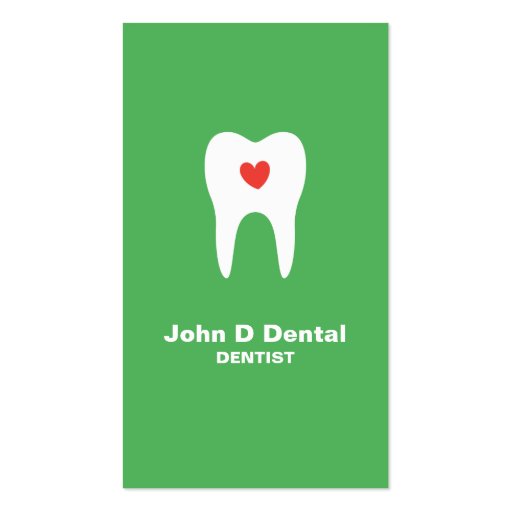 Tooth and heart green dental dentist business card (front side)