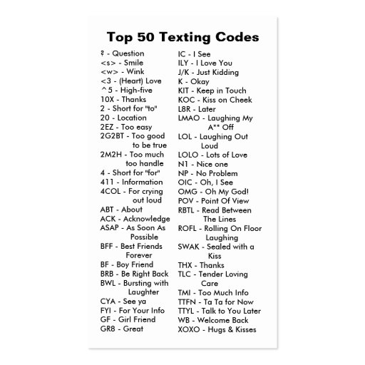 Top 50 Internet / Cell Texting Codes Business Card