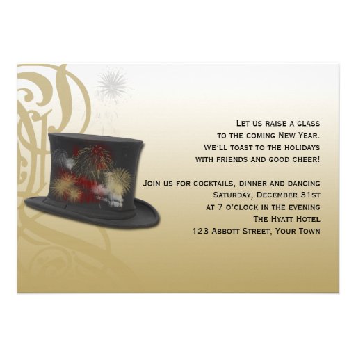 Top Hat and Fireworks New Years Eve Party Invite (front side)
