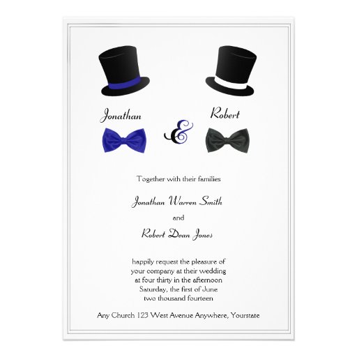Top Hats and Bow Ties Blue Gay Wedding Invitation
