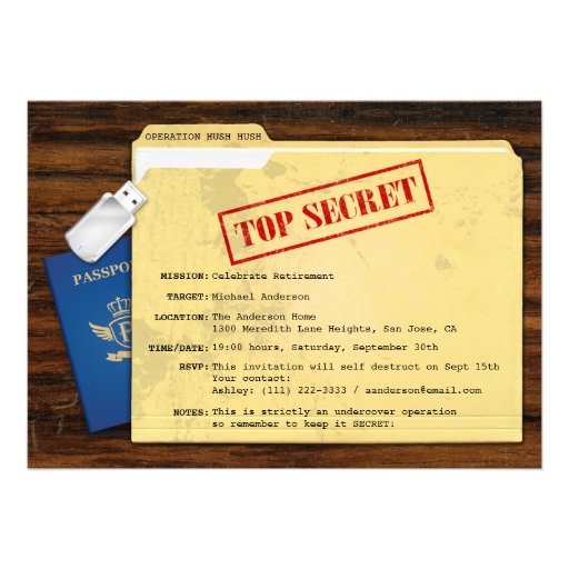 Top Secret Agent Mission Surprise Retirement Party Custom Invites