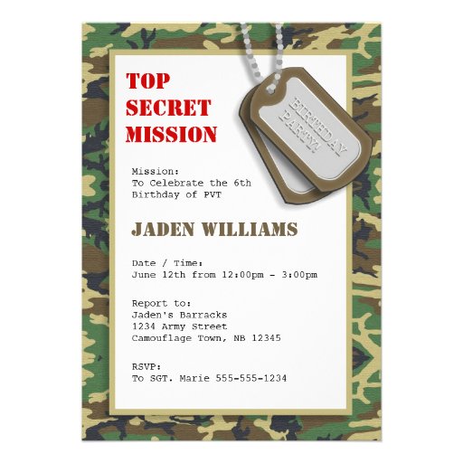 Top Secret Camouflage / Camo Birthday Party Invitation