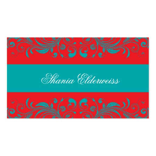 Torquoise & Vermillion Damask Business Card (front side)