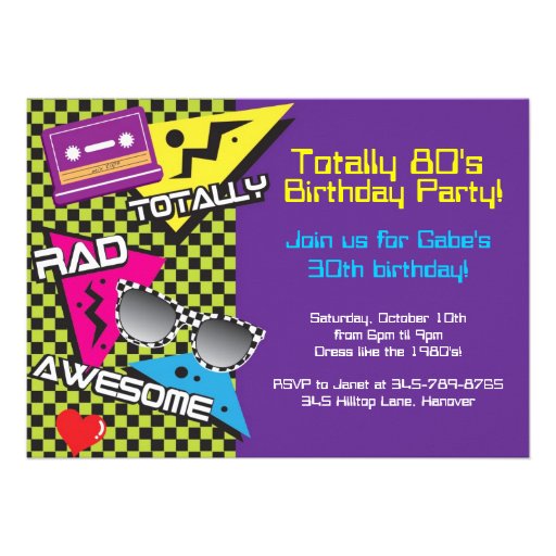Totally 80's theme birthday party invitations
