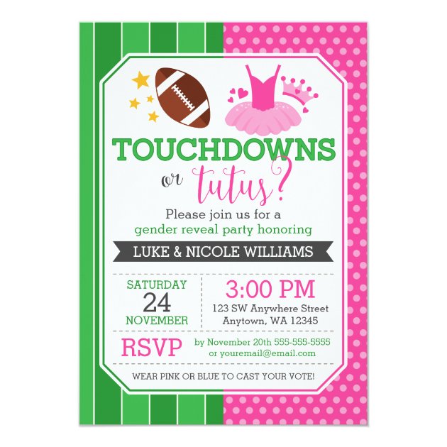 Touchdowns or Tutus Gender Reveal Party Card (front side)