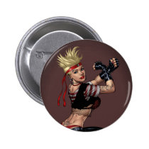 drawing, girl, punk, rock, yin, yang, leather, fight, boots, goth, woman, blond, al rio, Button with custom graphic design