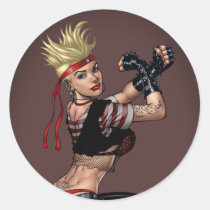drawing, girl, punk, rock, yin, yang, leather, fight, boots, goth, woman, blond, al rio, Sticker with custom graphic design