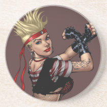 drawing, girl, punk, rock, yin, yang, leather, fight, boots, goth, woman, blond, al rio, Coaster with custom graphic design