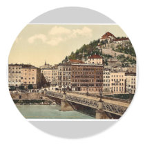 Town bridge, convent and Kapuzinerberg, Salzburg, Round Stickers