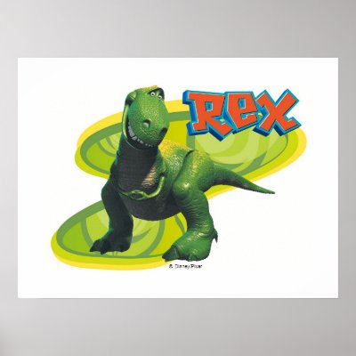 Toy Story's Rex standing with a smiling face. posters
