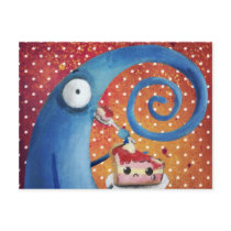 artsprojekt, long nose, elephant nose, eating pie, eating cake, kawaii cake, kawaii pie, cute pie, cute cake, sad pie, sad cake, cartoon monster, kawaii, cake, pie, sad ilustration, Postcard with custom graphic design