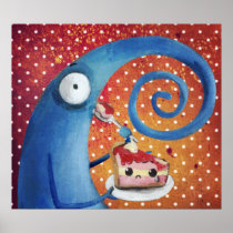 artsprojekt, long nose, elephant nose, eating pie, eating cake, kawaii cake, kawaii pie, cute pie, cute cake, sad pie, sad cake, cartoon monster, kawaii, cake, pie, sad ilustration, Poster with custom graphic design