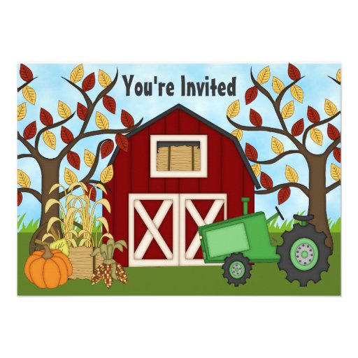 Tractor and Barn Autumn Farm Birthday Invitation (front side)