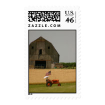 Tractor Postage: Vintage tractor, flag, barn