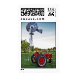 Tractor Stamp: Red Tractor and Old Windmill