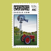 Tractor Stamp: Red Tractor and Old Windmill