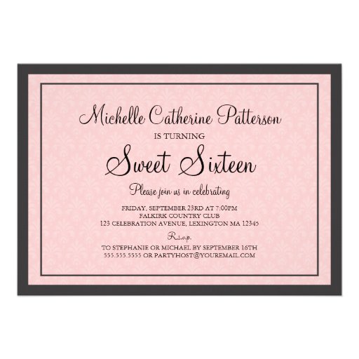 Traditional Formal Pink & Black Sweet Sixteen Part Announcements