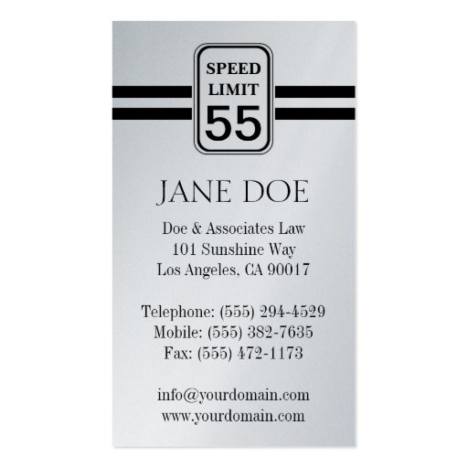 Traffic Attorney Lawyer Law Speed Limit Sign Business Card Templates (back side)