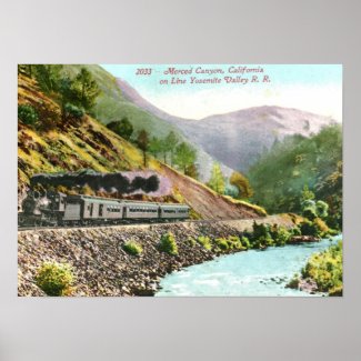 Train in Merced Canyon, CA Vintage print