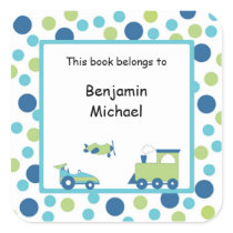 Train Plane Race car Book Label Blue Green Dot Square Stickers