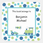 Train Plane Race car Book Label Blue Green Dot Square Stickers