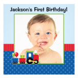 Train Polka Dot 1st Birthday Boy Photo Invite